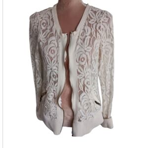 Free People~ Ivory Floral Lace Bomber Jacket – Women’s Large